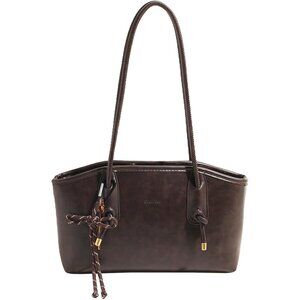 Y2K Vintage Leather Shoulder Bag for Women Coffee Small Tote Handbag